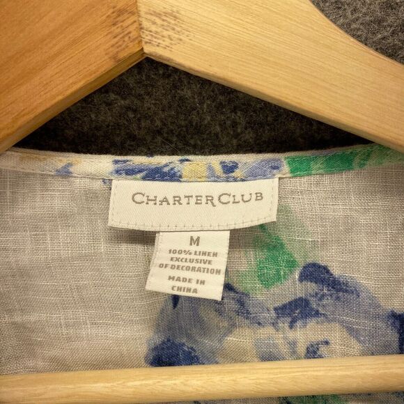 Charter Club Blouse Women M Medium White Floral V-Neck 3/4 Sleeve Linen Casual - Picture 5 of 8